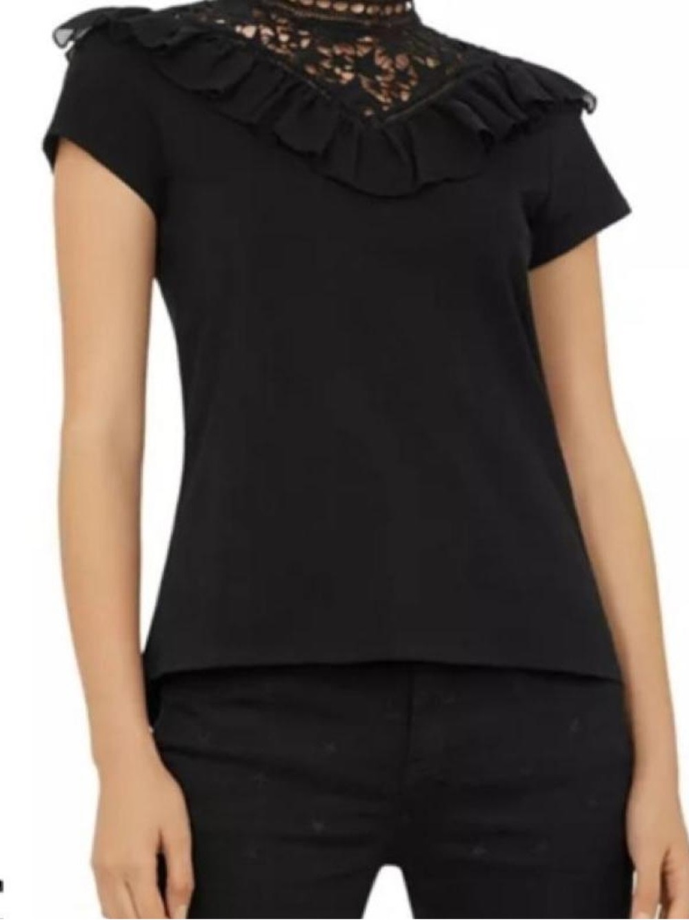Ted Baker SZ4 Black Lace Yoke Ruffle Short Sleeve Top - Women